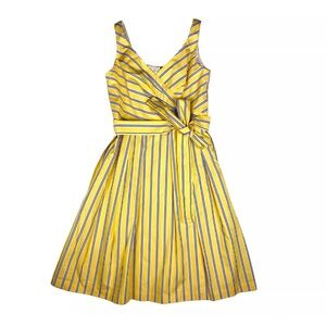 TALBOTS Cotton Fit &‎ Flared Lined Dress Yellow/Blue Stripe Pet 10, belt missing